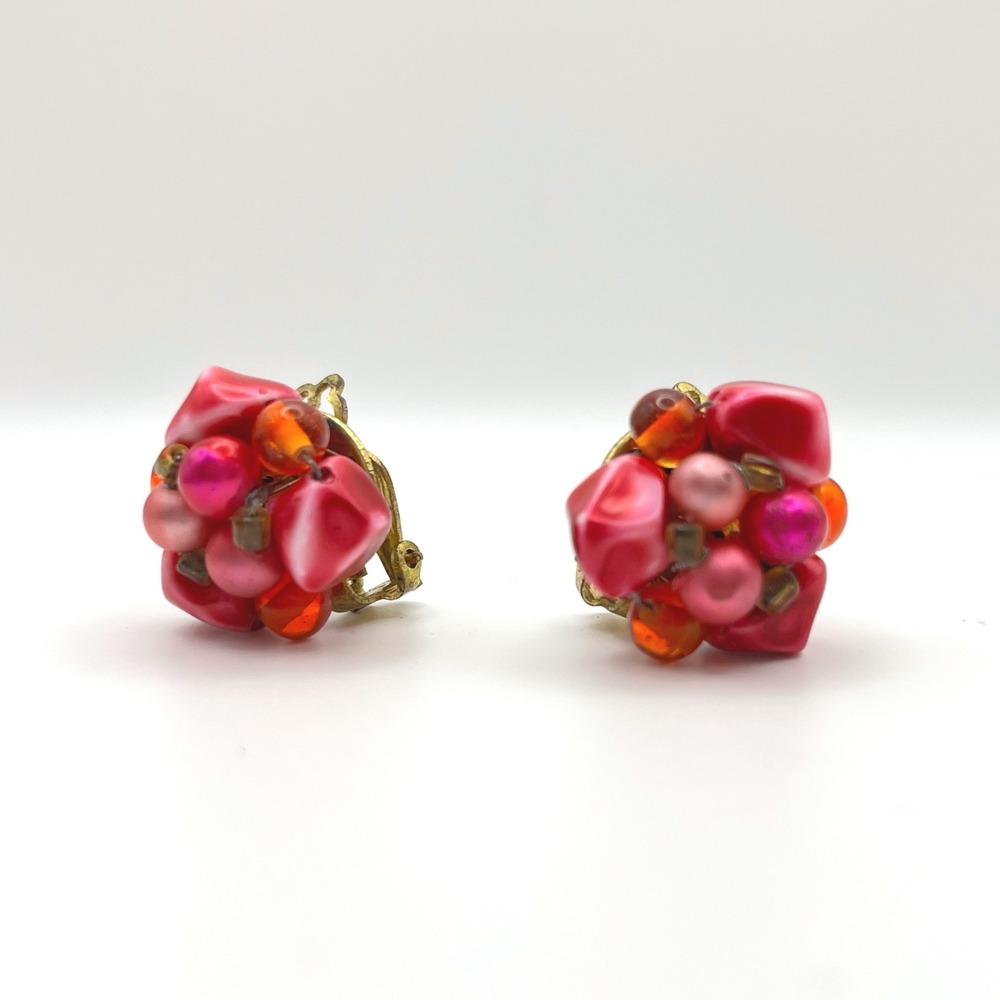Vintage Japan Cluster Bead Clip On Earrings Red Pink Orange Gold Tone